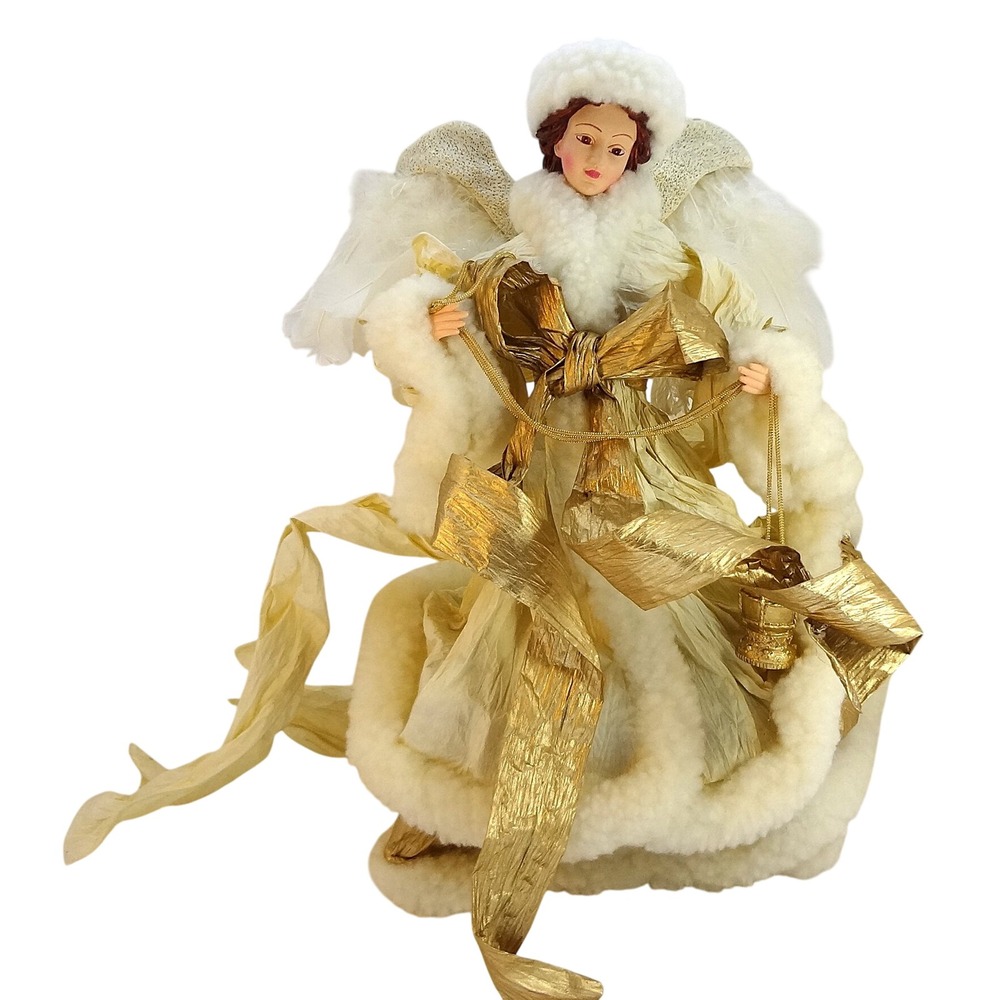 Elegant Angel Tree Topper‎ Fur Trimmed Lantern Gold Bow Christmas Decor